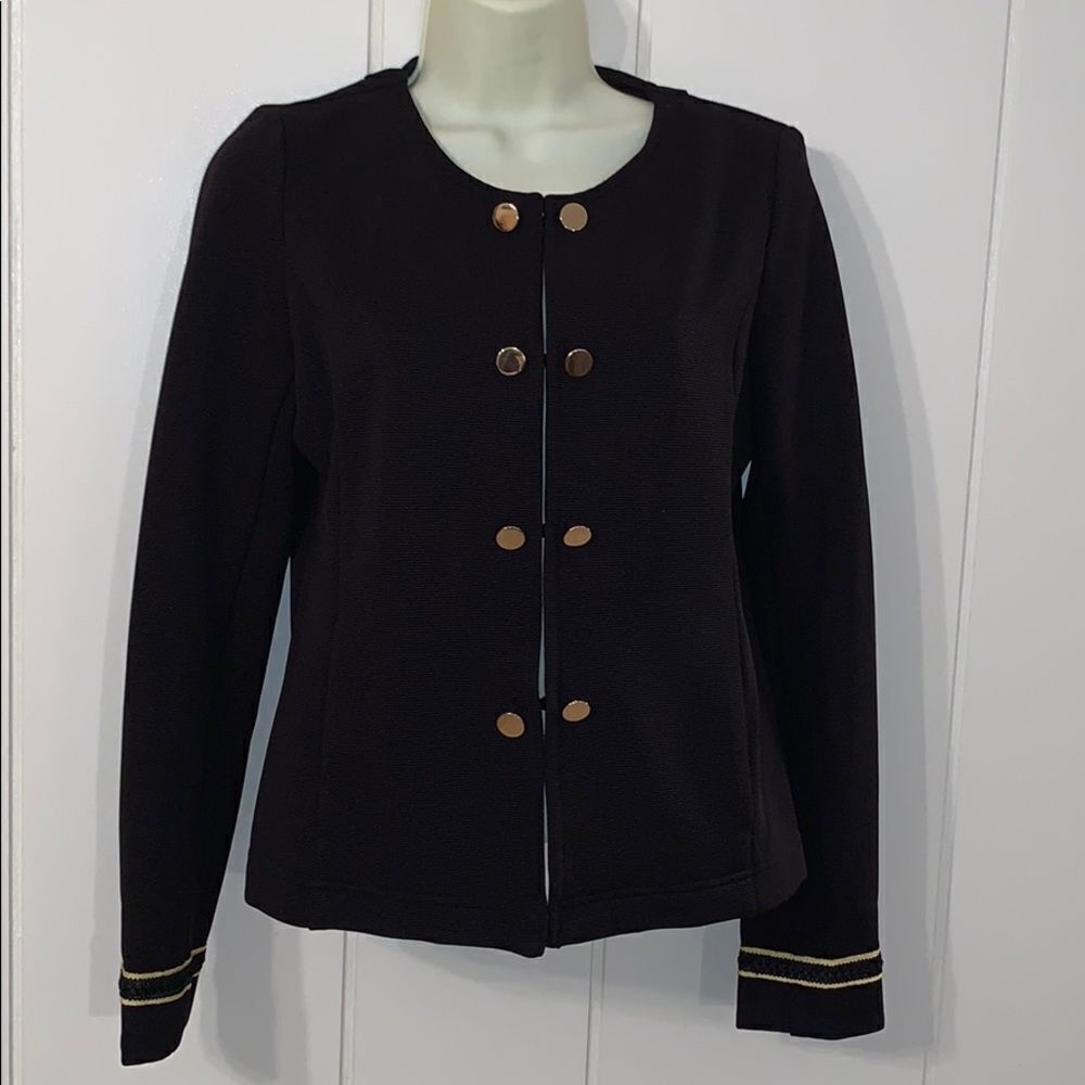 Libby Edelman black ribbed knit jacket/gold trim